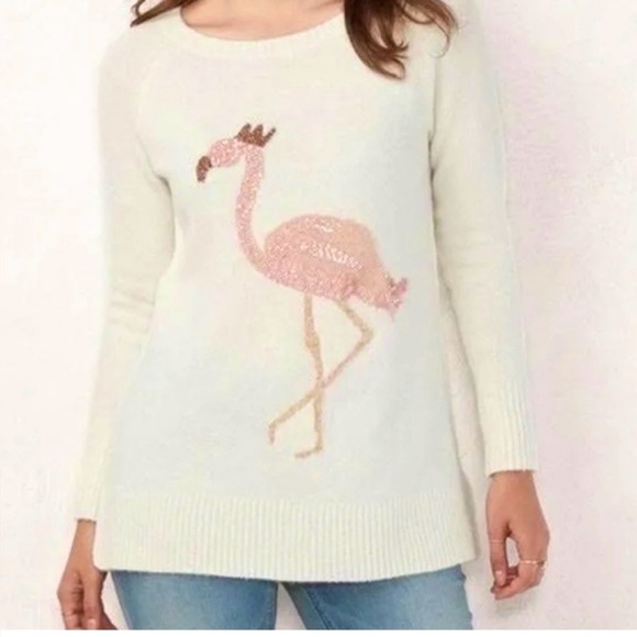Lauren Conrad Sequined Flamingo Long Sleeve Crewneck Sweater Cream Womens M - Picture 1 of 11